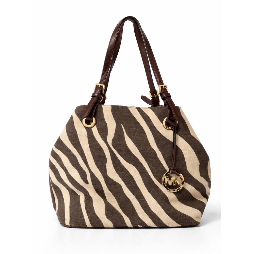 Michael Kors Zebra Print Tote Bag Brown Cream Leather Straps
